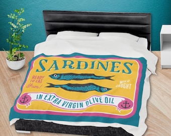 Tinned Fish Sardines Plush Blanket - Cozy Velveteen Throw for Seafood Lovers - Nautical Beach Decor - Coastal Grandma Gift