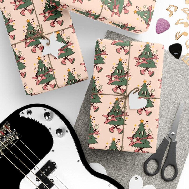Retro Christmas Wrapping Paper - Tree Character With Guitar Repeating Print image 3
