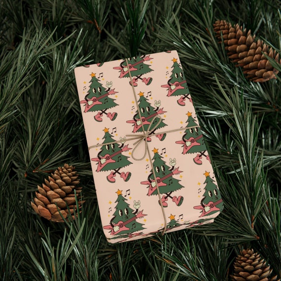 Retro Christmas Wrapping Paper - Tree Character With Guitar Repeating Print