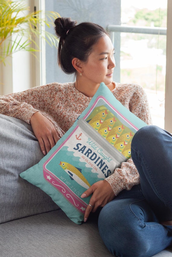 Sardines Can Lumbar Pillow - Tinned Fish Throw Pillow - Cute Sardine Art Print - Trendy Coastal Style