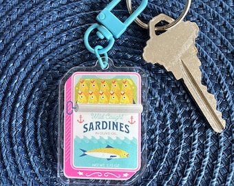 Sardines Keychain - Cute Acrylic Keyring - Tinned Fish Bag Charm - Oceancore Charms