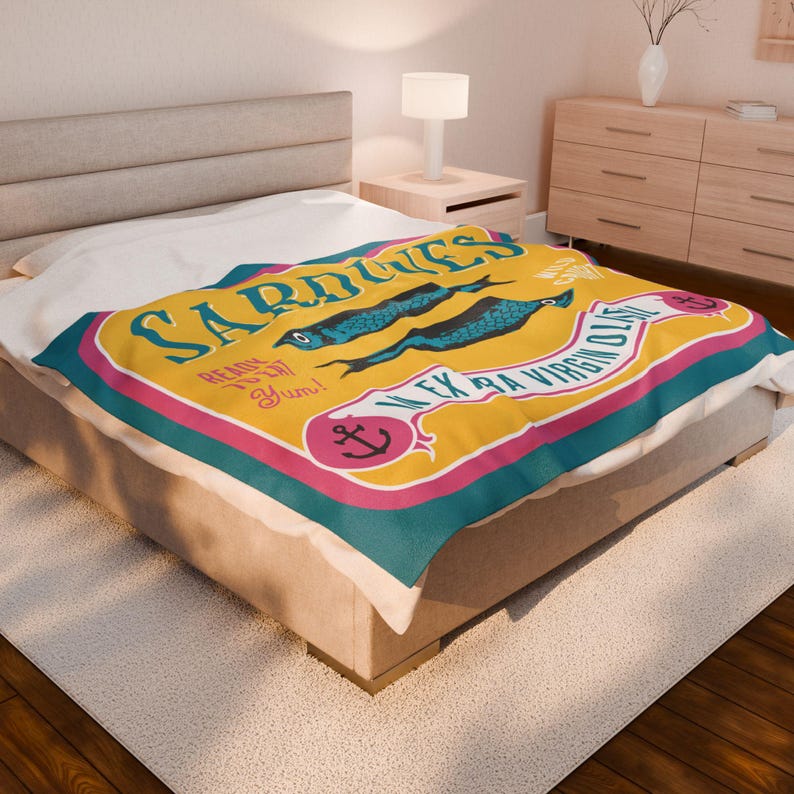 Manta de felpa con estampado de sardinas en conserva - Acogedora manta de terciopelo para amantes del marisco - Decoración náutica playera - Regalo ideal para la abuela costera 60" × 80"