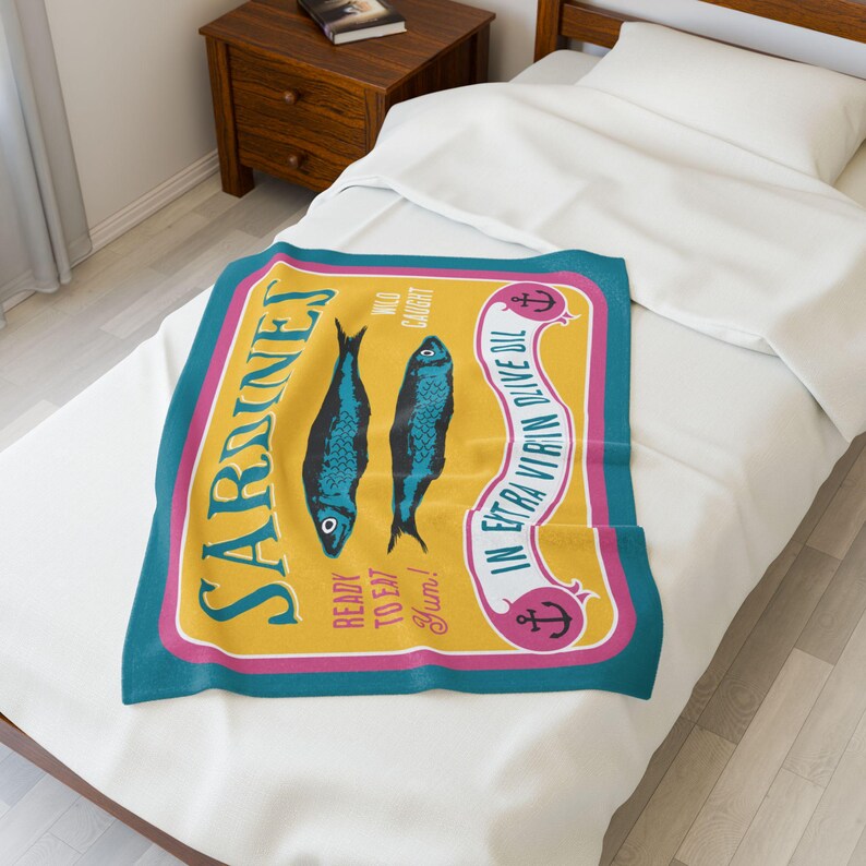 Manta de felpa con estampado de sardinas en conserva - Acogedora manta de terciopelo para amantes del marisco - Decoración náutica playera - Regalo ideal para la abuela costera imagen 9