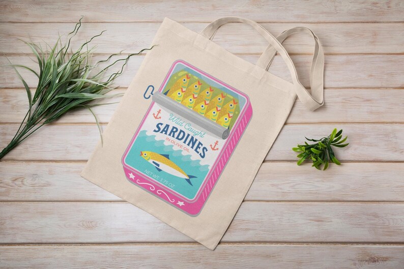 Sardines tin art print on a cotton canvas tote bag.