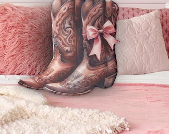 Cowboy Boot Pillow – Coquette Cowgirl Decor with Bow