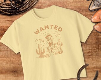 Wanted Women's Boxy Tee - Cowgirl Vibes Vintage Distressed Tee - Country Concert Outfit - Western Theme Top