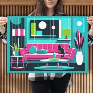 Mid-Century Modern Wall Art, Colorful Home Decor, Cat Lover&#39;s Print, Retro Poster for Living Room, Gift for Art Lovers
