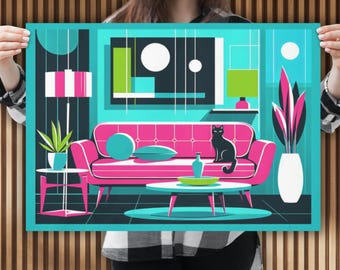 Mid-Century Modern Wall Art, Colorful Home Decor, Cat Lover's Print, Retro Poster for Living Room, Gift for Art Lovers