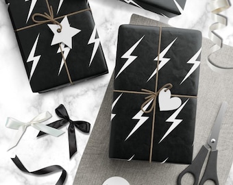 Papel de regalo con diseño de rayo - Papel de regalo con diseño de trueno en blanco y negro - 3 tamaños