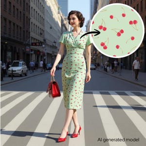 1940's Style Dress: Cherries Print Women's V-Neck Flutter Sleeve Midi Dress