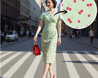 1940's Style Dress: Cherries Print Women's V-Neck Flutter Sleeve Midi Dress