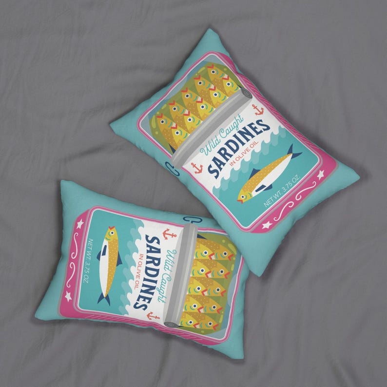 Sardines Can Lumbar Pillow - Tinned Fish Throw Pillow - Cute Sardine Art Print - Trendy Coastal Style image 3