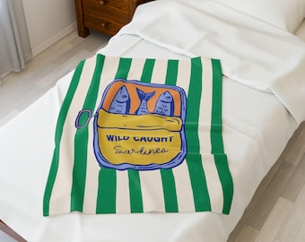 Wild Caught Sardines Velveteen Plush Blanket | Striped Nautical Tinned Fish Design