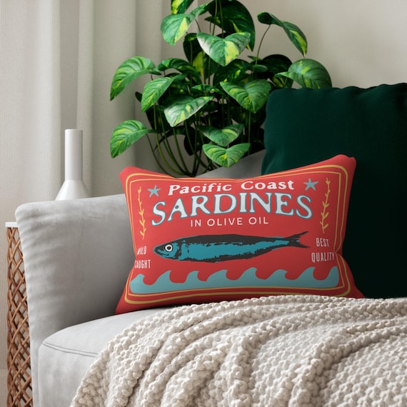 Sardines Print Pillow - Cute Tinned Fish Lumbar Pillow - Coastal Grandma Gift - Dopamine Decor