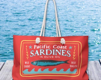 Sardines-weekendtas - strandtas met sardineprint aan de Pacifische kust