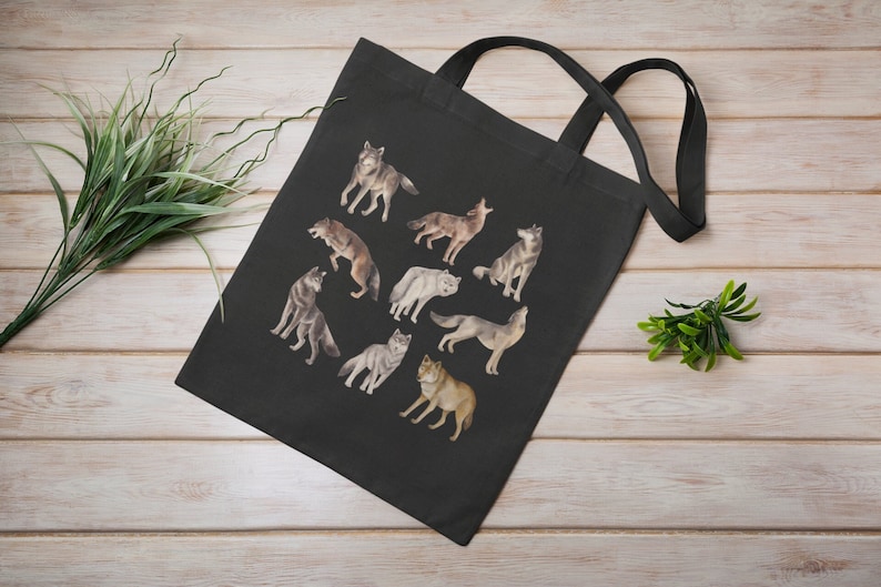 Cotton canvas tote bag with wolves in watercolors.