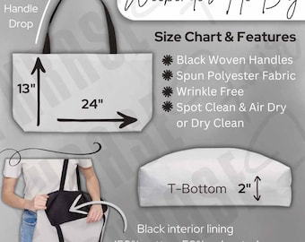 Weekender Tote Bag Size Chart Mockup - Printify Generic Weekender Tote Bag Features and Care