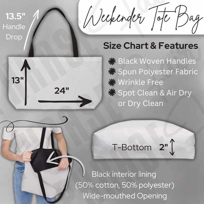 May include: White Weekender Tote Bag with black woven handles. The bag is 24 inches wide, 13 inches tall, and has a 13.5-inch handle drop. Features include spun polyester fabric, wrinkle-free material, and a 2-inch T-bottom. The interior lining is black.
