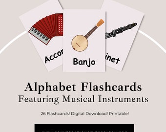 Tarjetas flash del alfabeto imprimibles, instrumentos musicales, decoración musical, decoración del aula, recurso de aprendizaje temprano, decoración de la guardería, DESCARGA DIGITAL