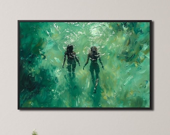 Underwater Swimming Women Canvas Art | Coastal Ocean Painting Wall Decor