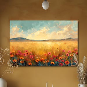Summer Meadow Painting Print, Country Landscape Wall art, Field of Wild Flowers Wall Art, Golden Meadow Canvas, Tranquil Countryside Artwork