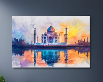Taj Mahal Watercolor Canvas Print: India Temple Wall Art