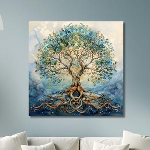Tree of Life Canvas Print, Yggdrasil Painting, Norse Mythology Gift, Spiritual Wall Art, Soft Watercolor, Symbolic Artwork, Modern Artwork