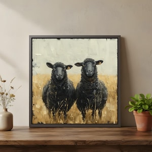 Two Black Sheep Canvas Wall Art | Rustic Farmhouse Animal Painting For Country Home Decor