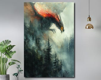 Dragon Canvas Wall Art: Misty Forest Fantasy Wall Decor Painting
