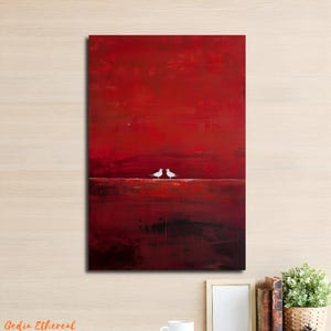 Minimalist Crimson Wall Art, Pure Red Canvas Print, Crimson Seagulls Painting, Abstract Minimalism Wall Decor, Red Minimalist Home Decor