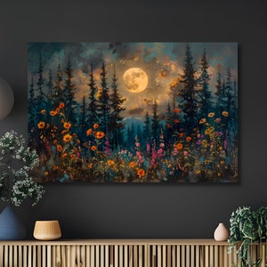 Moonlit Forest Canvas Painting, Pine Tree Wildflowers, Rustic Wall Art