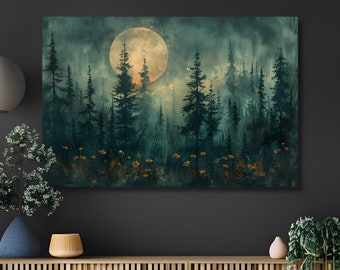 May include: A rectangular wall art print featuring a dark, moody forest scene with tall pine trees silhouetted against a large, glowing full moon. The foreground displays small, golden-orange wildflowers scattered across the dark, misty landscape.
