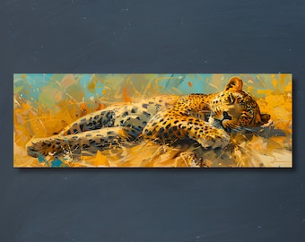 May include: A painting of a leopard sleeping in tall grass. The leopard is brown and black with spots. The grass is yellow and green. The background is a blue sky.