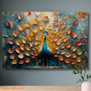 Impresionante lienzo de pavo real, arte mural de pájaro azul exótico, decoración tropical para el hogar.