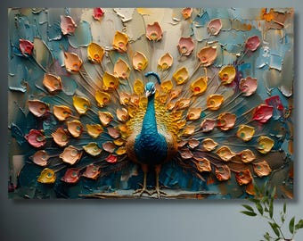 Impressive Peacock Canvas Print, Exotic Blue Bird Wall Art, Tropical Animal Home Decor