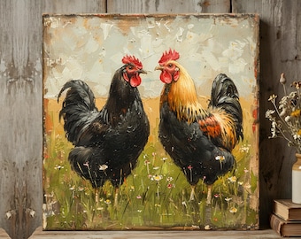 Two Rustic Roosters Canvas Wall Art | Farmhouse Animal Painting