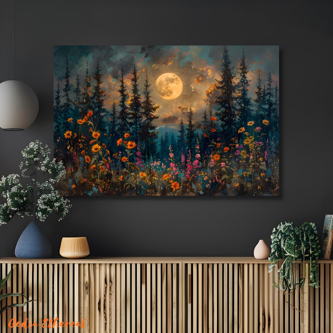Moonlit Forest Canvas Painting, Pine Tree Wildflowers, Rustic Wall Art ...