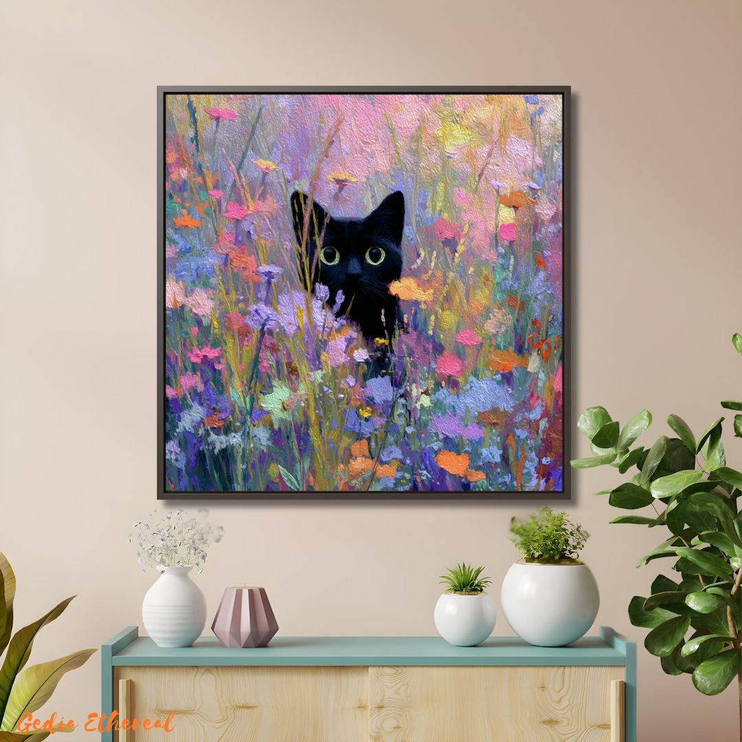 Black Cat in Wildflowers Painting | Colorful Floral Canvas Wall Art - Etsy