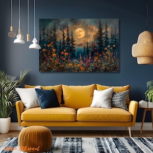 Moonlit Forest Canvas Painting, Pine Tree Wildflowers, Rustic Wall Art ...