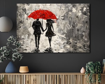Toile couple romantique sous un parapluie rouge : décoration murale impressionniste amour