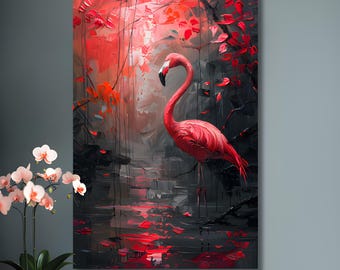 Impressionist Flamingo Canvas Print, Bold Red Bird Wall Art