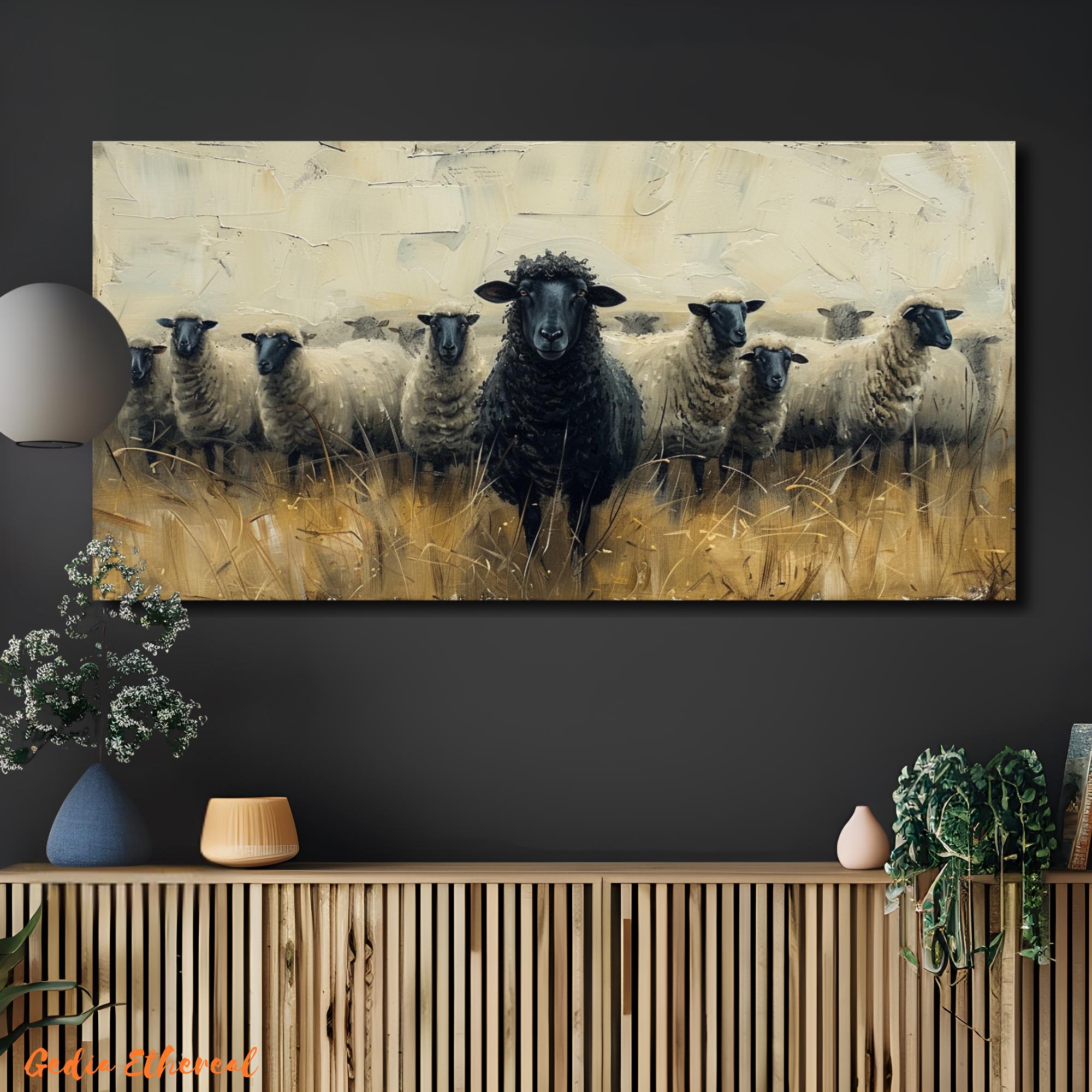 Black Sheep Canvas Print | Rustic Farmhouse Animal Wall Art, Flock of ...