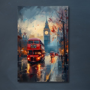 London City Wall Art, London Night Canvas Painting, London Street Artwork, Big Ben Art Print, London Red Bus Decor, London City Home Decor