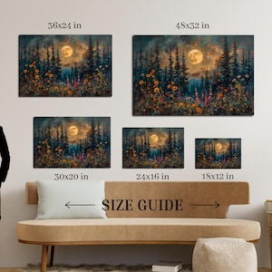Moonlit Forest Canvas Painting, Pine Tree Wildflowers, Rustic Wall Art ...