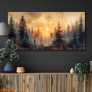 Forest Sunset Canvas Painting, Pine Tree Forest Wall Art, Rustic Forest Painting, Vintage Forest Wall Decor, Forest Nature Scenery Painting