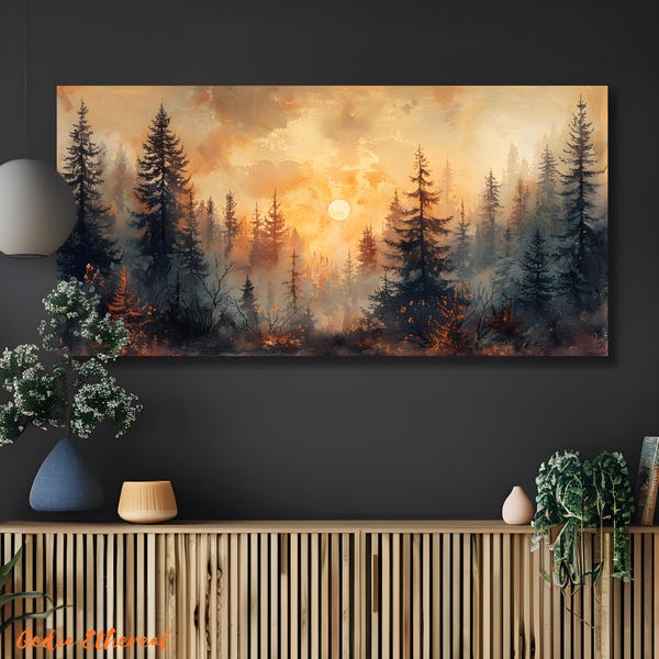 Forest Sunset Canvas Painting, Pine Tree Forest Wall Art, Rustic Forest Painting, Vintage Forest Wall Decor, Forest Nature Scenery Painting