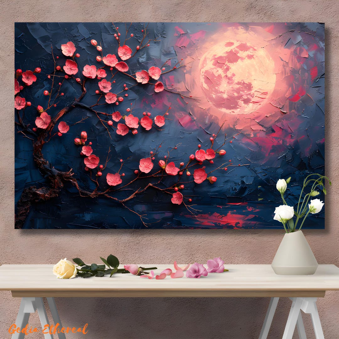 Full Moon Cherry Blossom Tree Branch Wall Art, Moonlit Cherry Tree Art ...