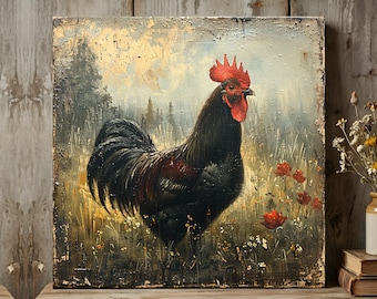 Black Rooster Canvas Print | Rustic Farmhouse Animal Wall Art