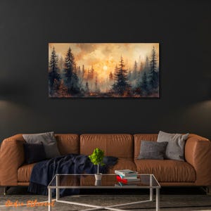 Forest Sunset Canvas Painting, Pine Tree Forest Wall Art, Rustic Forest ...