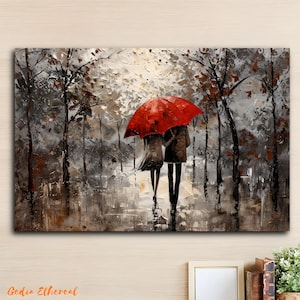 May include: A rectangular canvas painting depicting two figures walking together under a single vibrant red umbrella. The scene is rendered in a textured, impressionistic style with a palette of grey, black, white, and brown tones featuring trees.